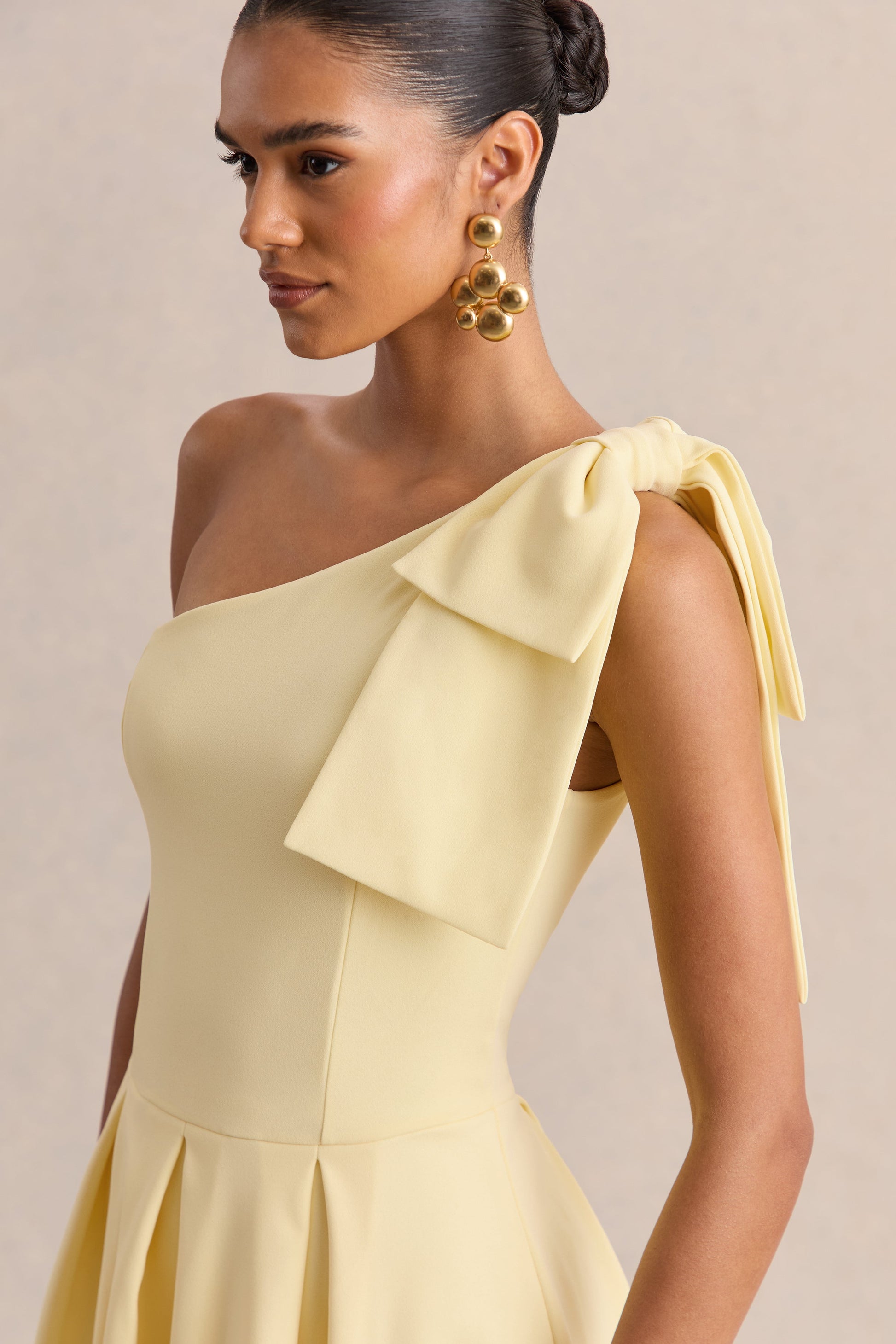 Meria | Lemon Asymmetric-Neck Midi Dress With Bow-Sleeve