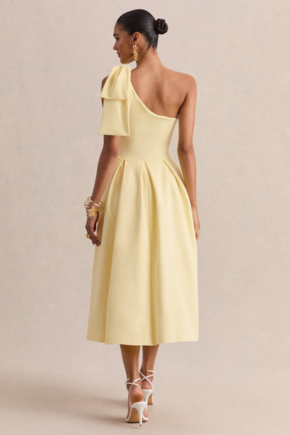 Meria | Lemon Asymmetric-Neck Midi Dress With Bow-Sleeve