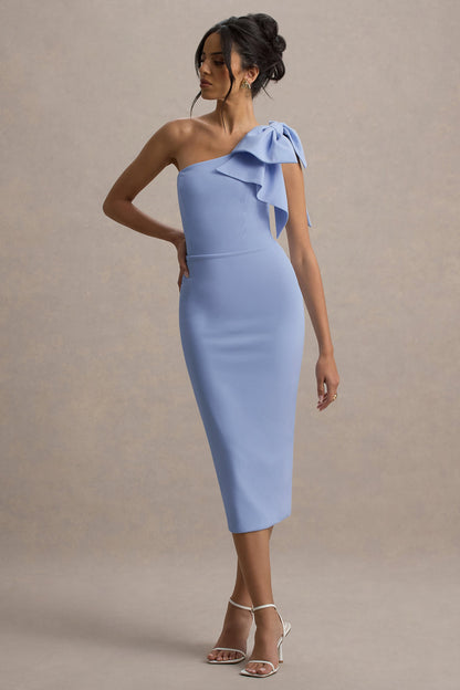 Ambretta | Powder Blue One-Shoulder Midi Dress With Bow