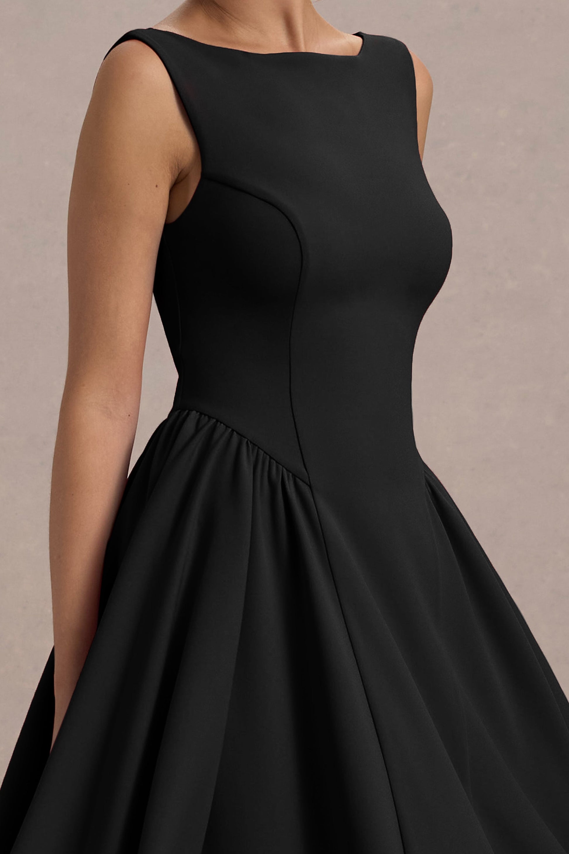Muriel | Black Boat-Neck Volume-Hem Midi Dress