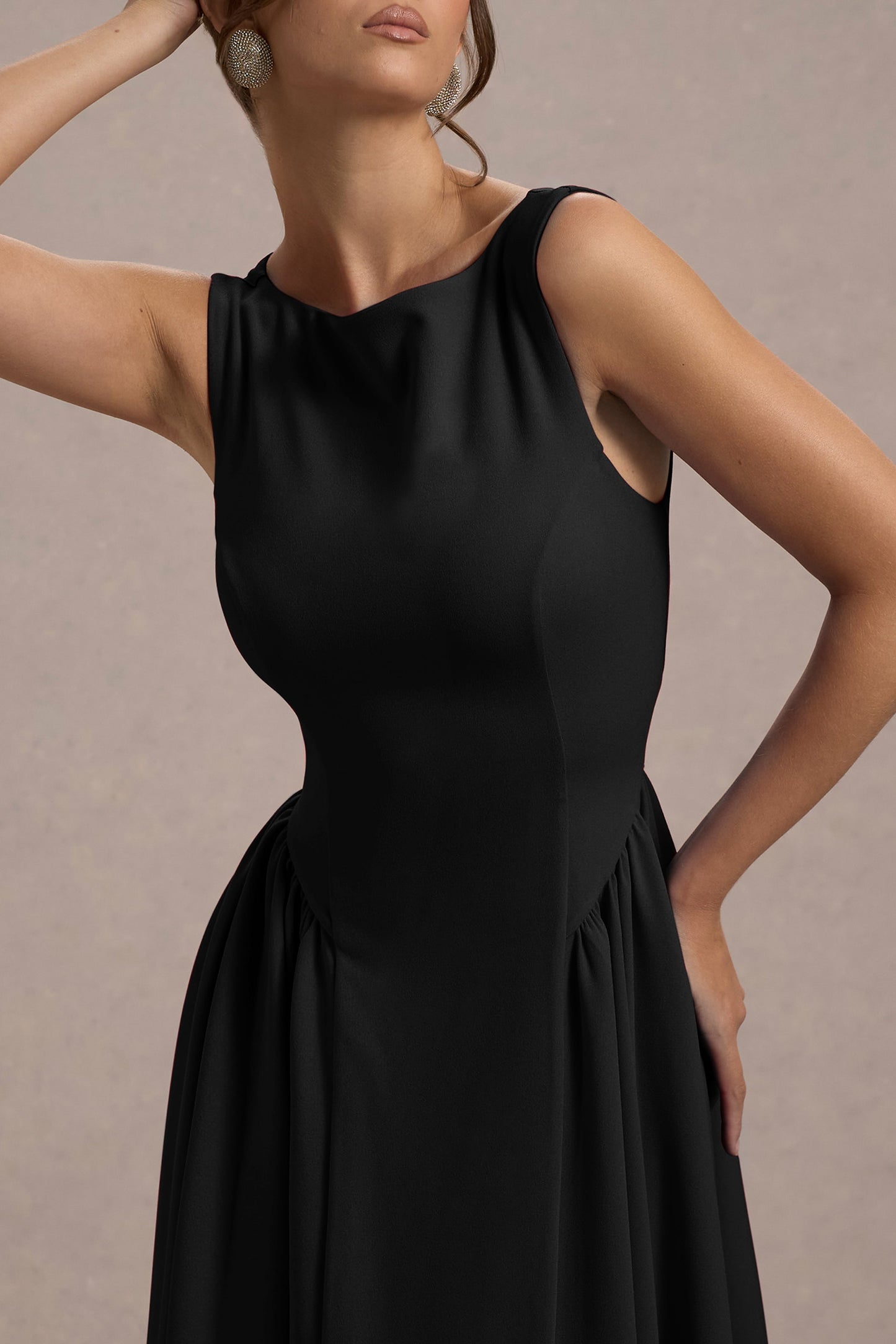 Muriel | Black Boat-Neck Volume-Hem Midi Dress