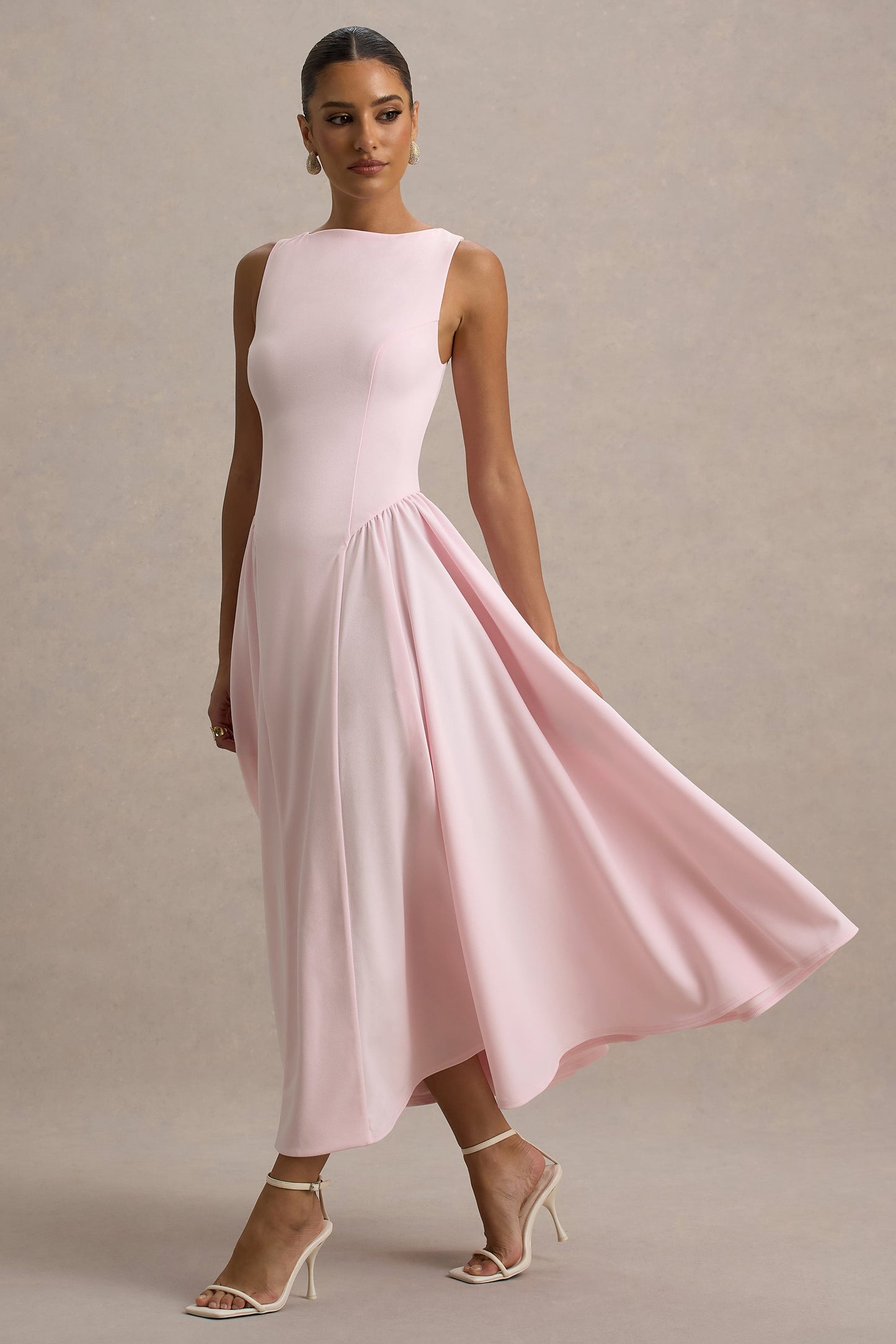 Muriel | Pink Boat-Neck Volume-Hem Midi Dress