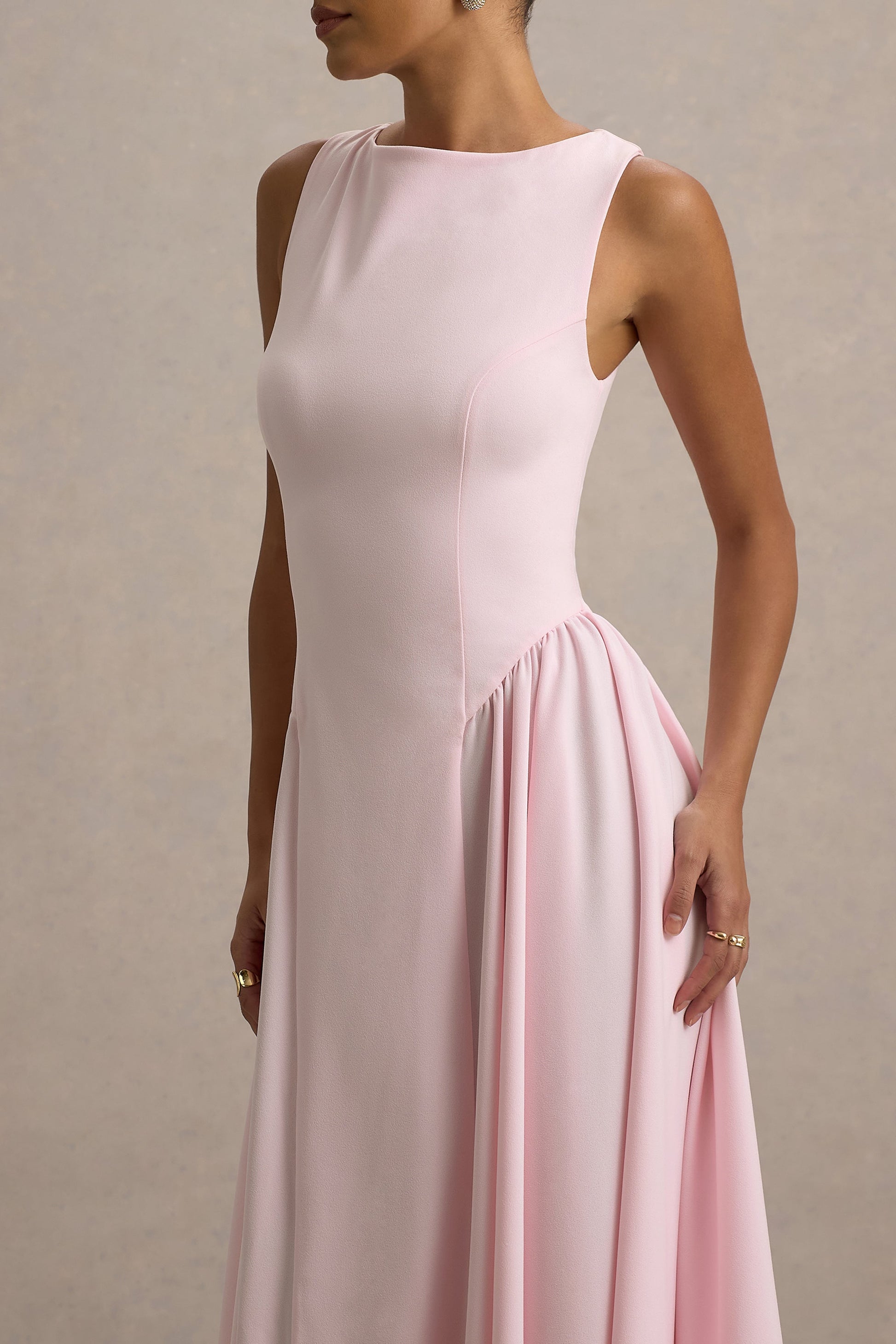 Muriel | Pink Boat-Neck Volume-Hem Midi Dress