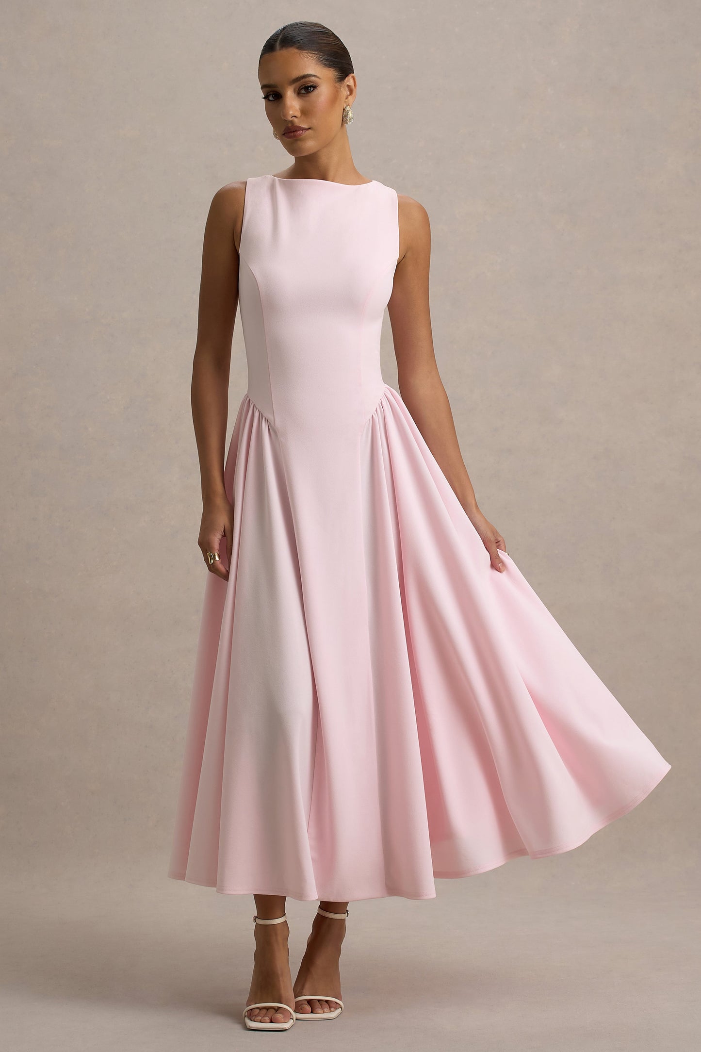 Muriel | Pink Boat-Neck Volume-Hem Midi Dress