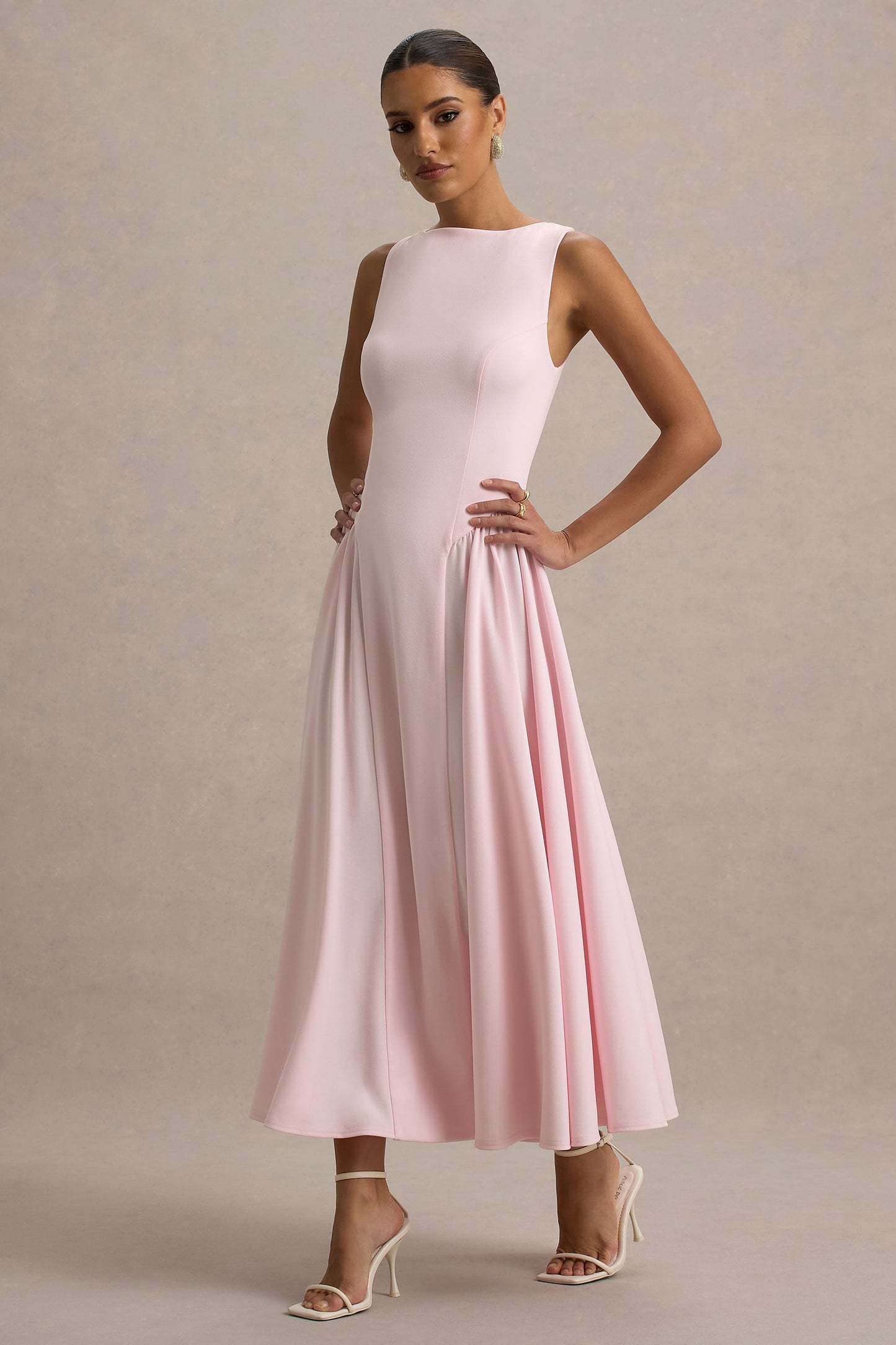 Muriel | Pink Boat-Neck Volume-Hem Midi Dress