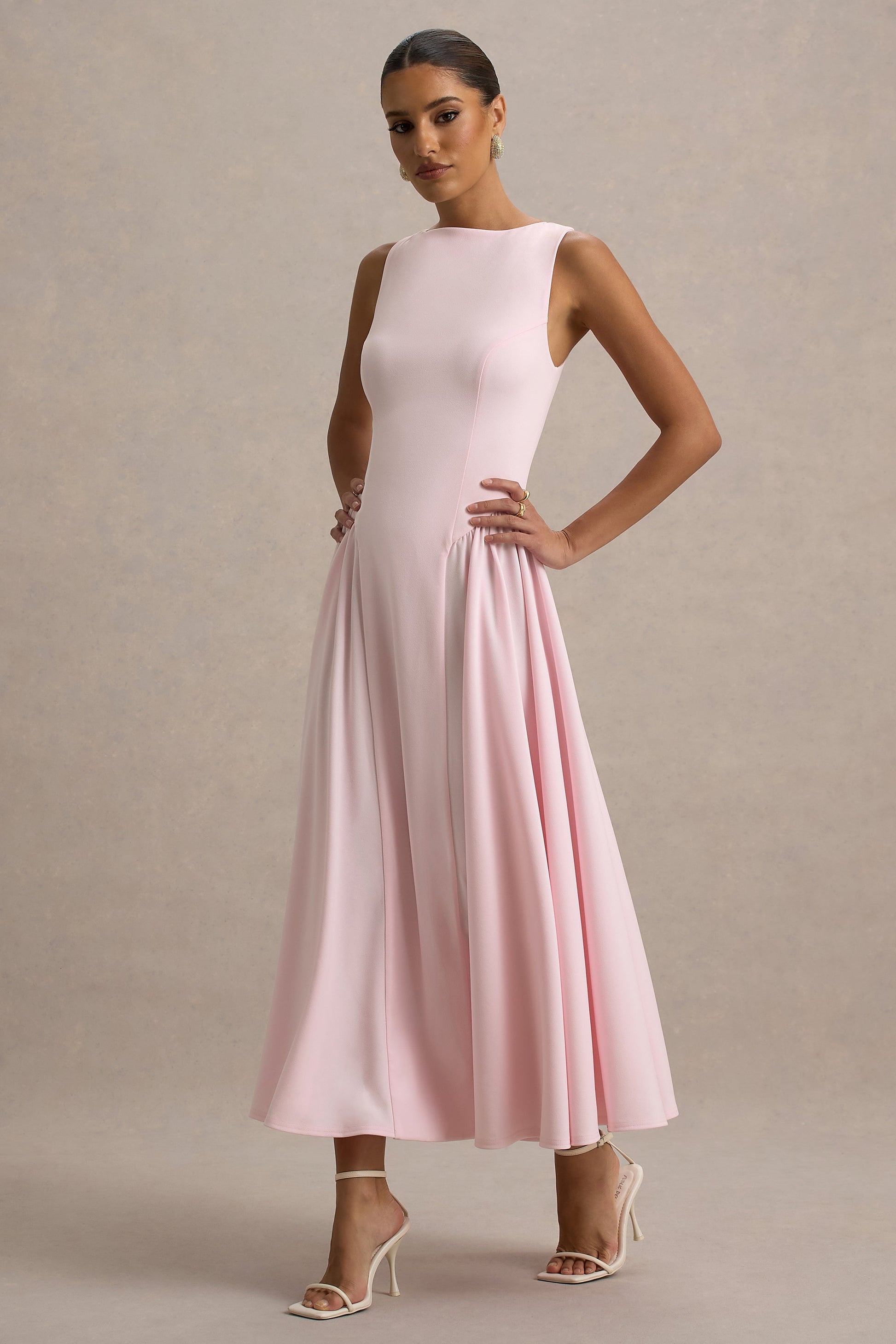 Muriel | Pink Boat-Neck Volume-Hem Midi Dress