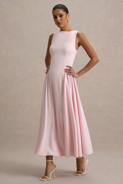 Muriel | Pink Boat-Neck Volume-Hem Midi Dress