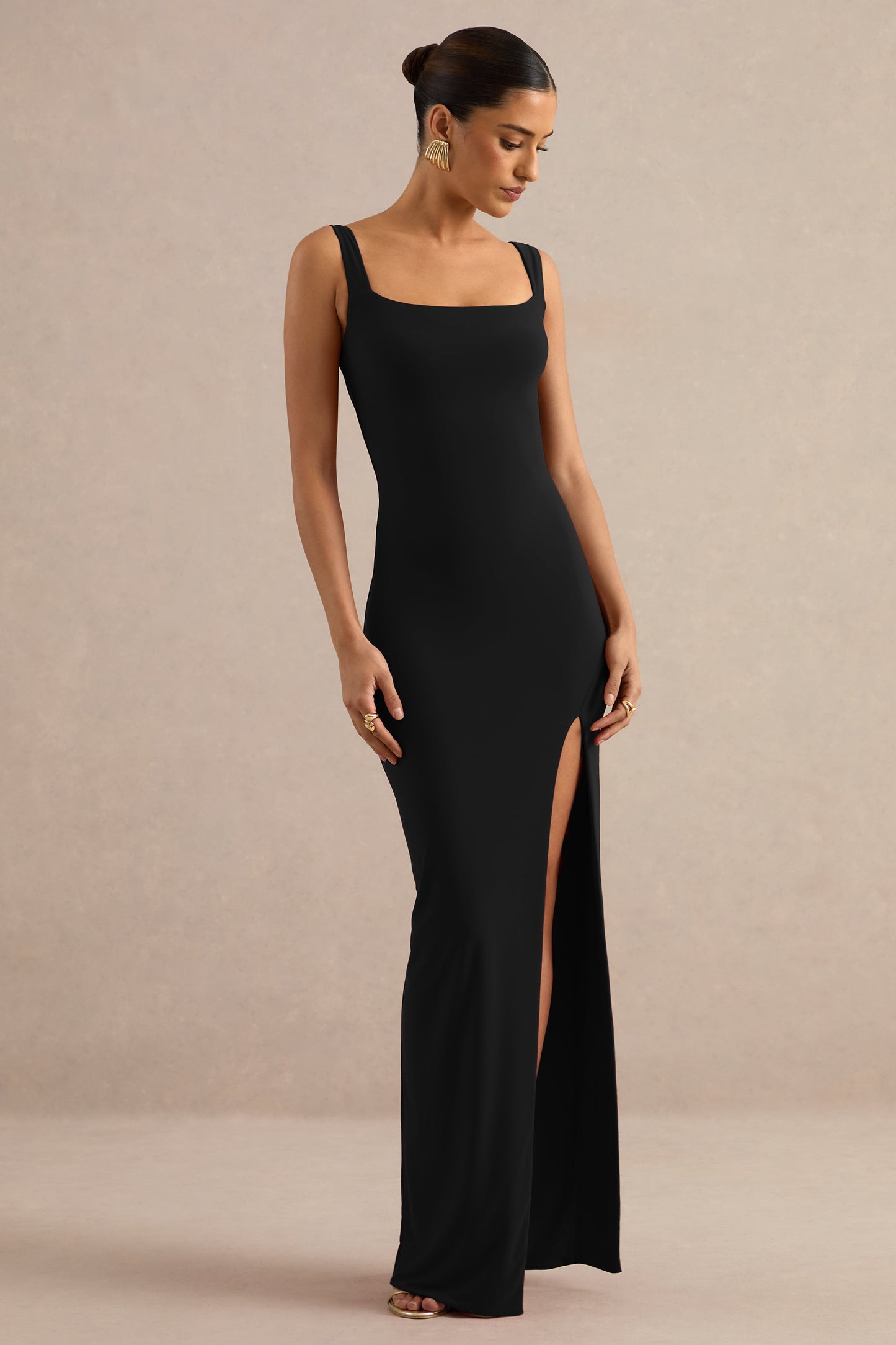 Josiane | Black Square-Neck Maxi Dress With Front Split