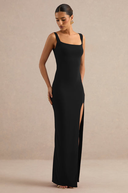 Josiane | Black Square-Neck Maxi Dress With Front Split