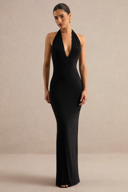 Maristela | Black Plunge-Neck Maxi Dress