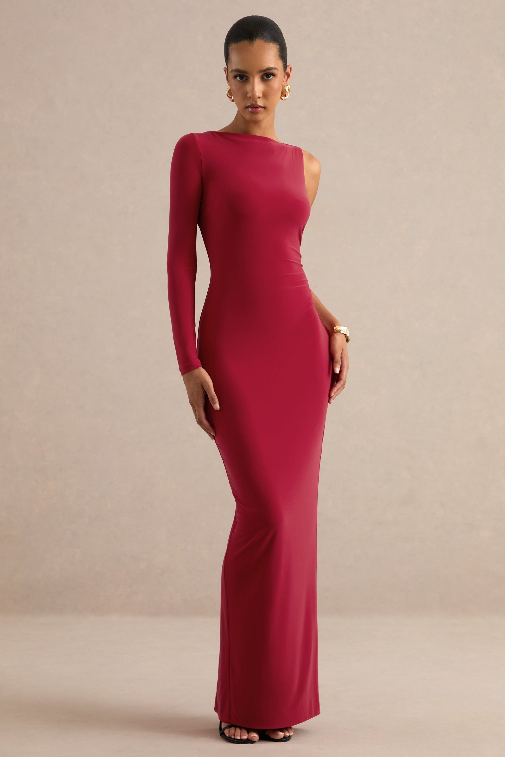 Kestrel | Red Round-Neck One Sleeve Maxi Dress