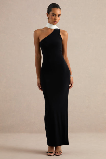Lirienne | Black & White Asymmetric-Neck Maxi Dress With Scarf Detail