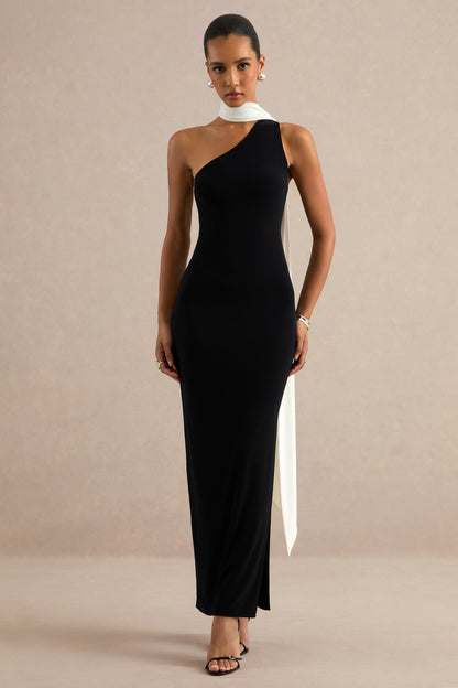 Lirienne | Black & White Asymmetric-Neck Maxi Dress With Scarf Detail