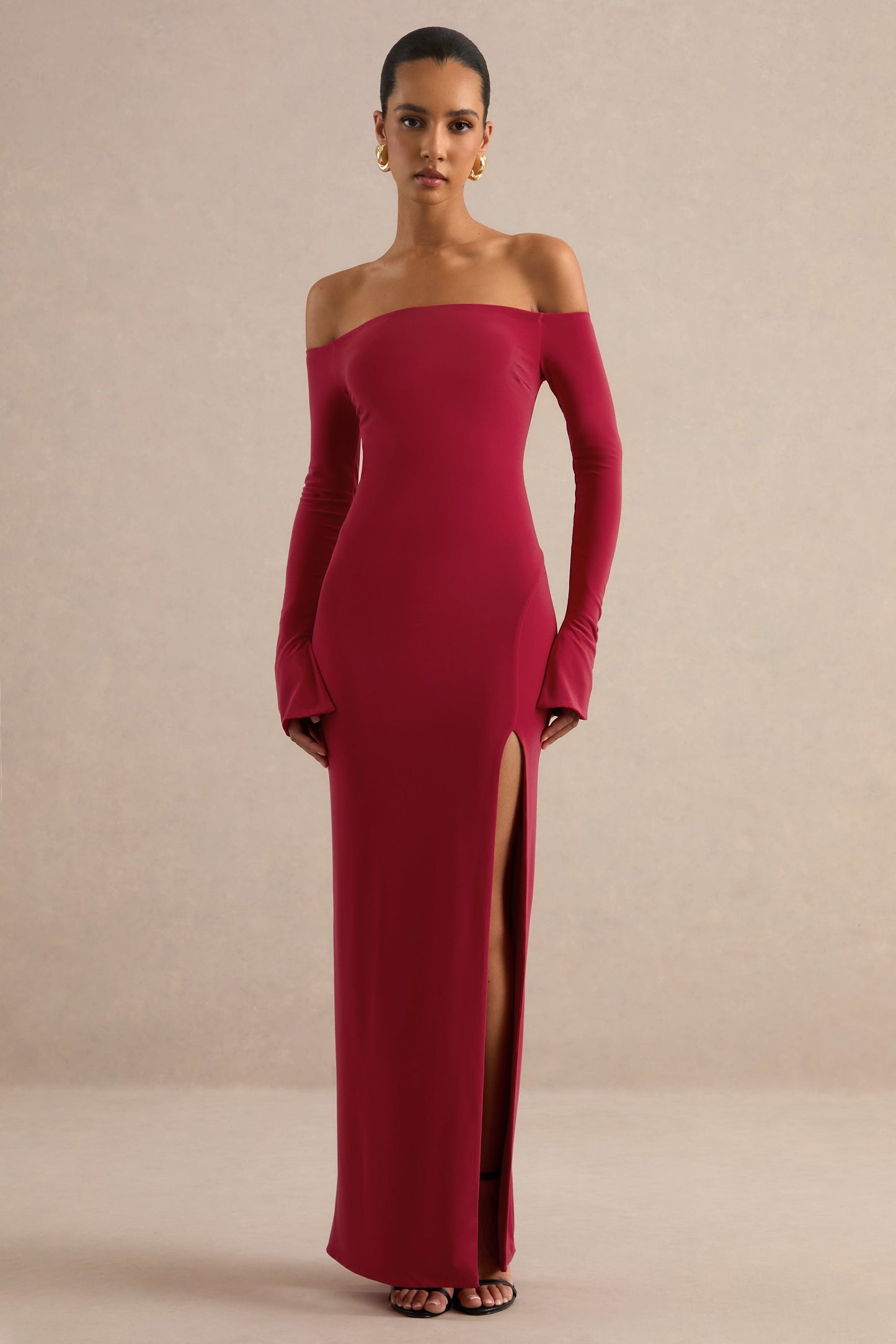 Liviae | Red Bardot-Neck Maxi Dress With Bell Sleeves