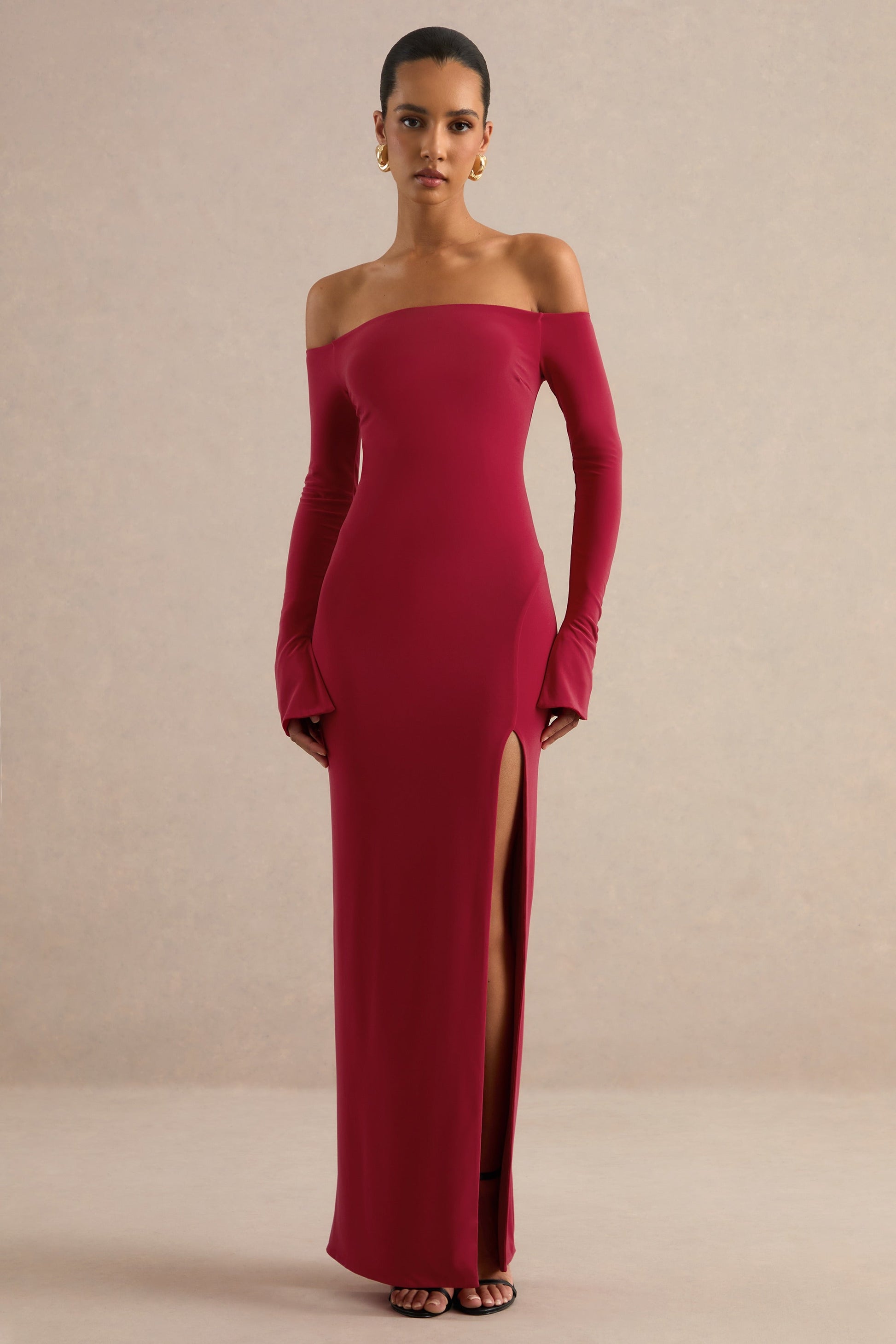 Liviae | Red Bardot-Neck Maxi Dress With Bell Sleeves