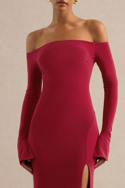Liviae | Red Bardot-Neck Maxi Dress With Bell Sleeves