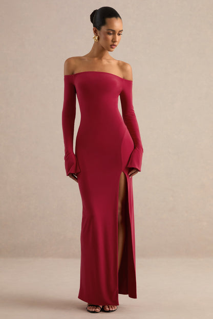 Liviae | Red Bardot-Neck Maxi Dress With Bell Sleeves