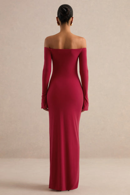 Liviae | Red Bardot-Neck Maxi Dress With Bell Sleeves