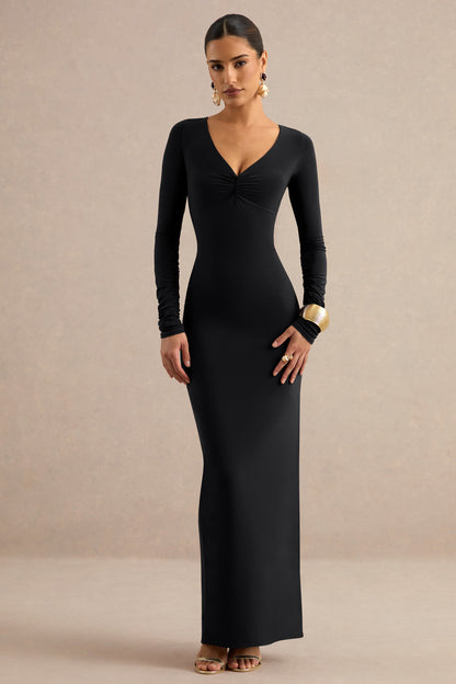 Lucina | Black V-Neck Maxi Dress With Ruched Detailing