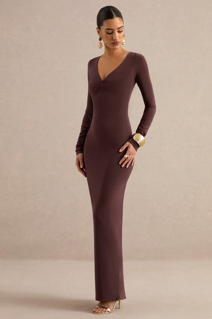 Lucina | Dark Brown V-Neck Maxi Dress With Ruched Detailing