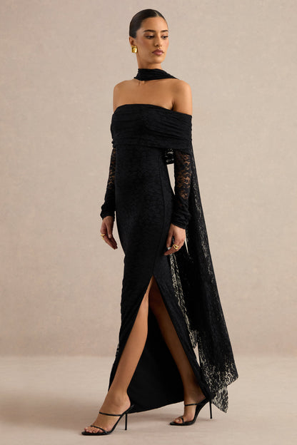 Maelora | Black Lace Bardot-Neck Maxi Dress With Scarf