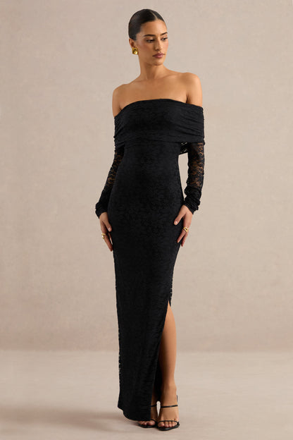 Maelora | Black Lace Bardot-Neck Maxi Dress With Scarf