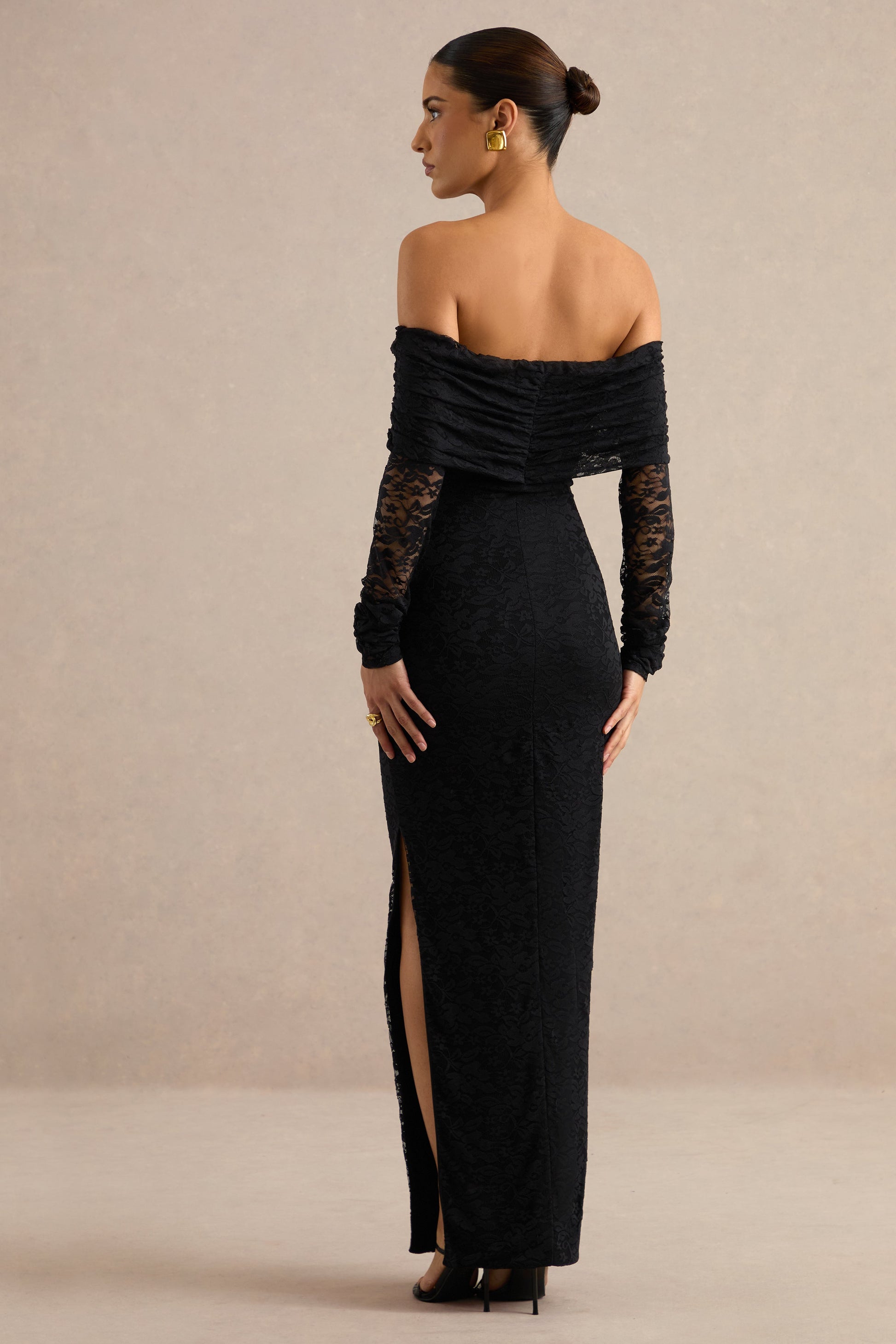 Maelora | Black Lace Bardot-Neck Maxi Dress With Scarf