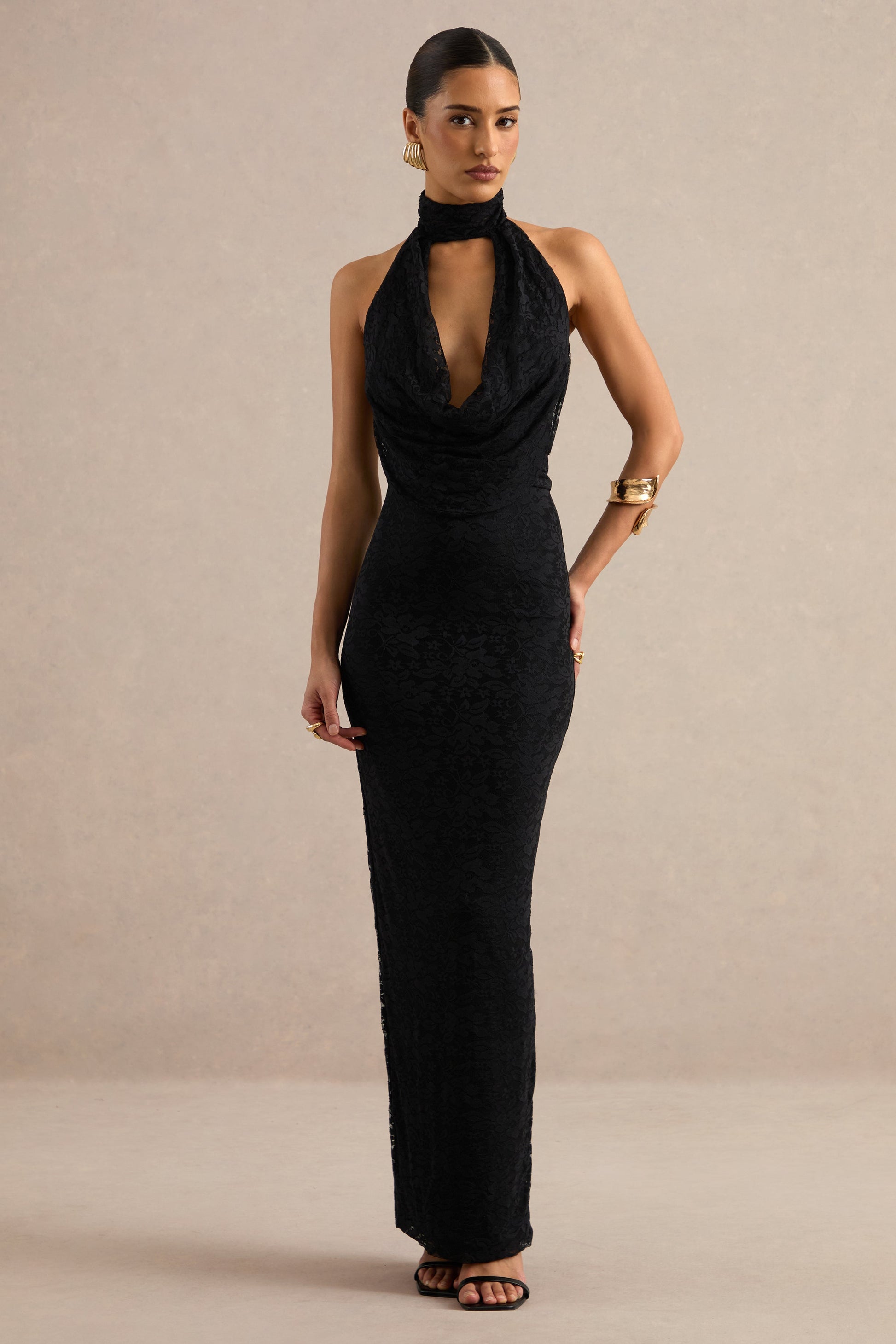 Magda | Black Lace Cowl Plunge-Neck Maxi Dress With Collar