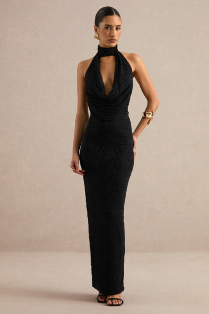 Magda | Black Lace Cowl Plunge-Neck Maxi Dress With Collar