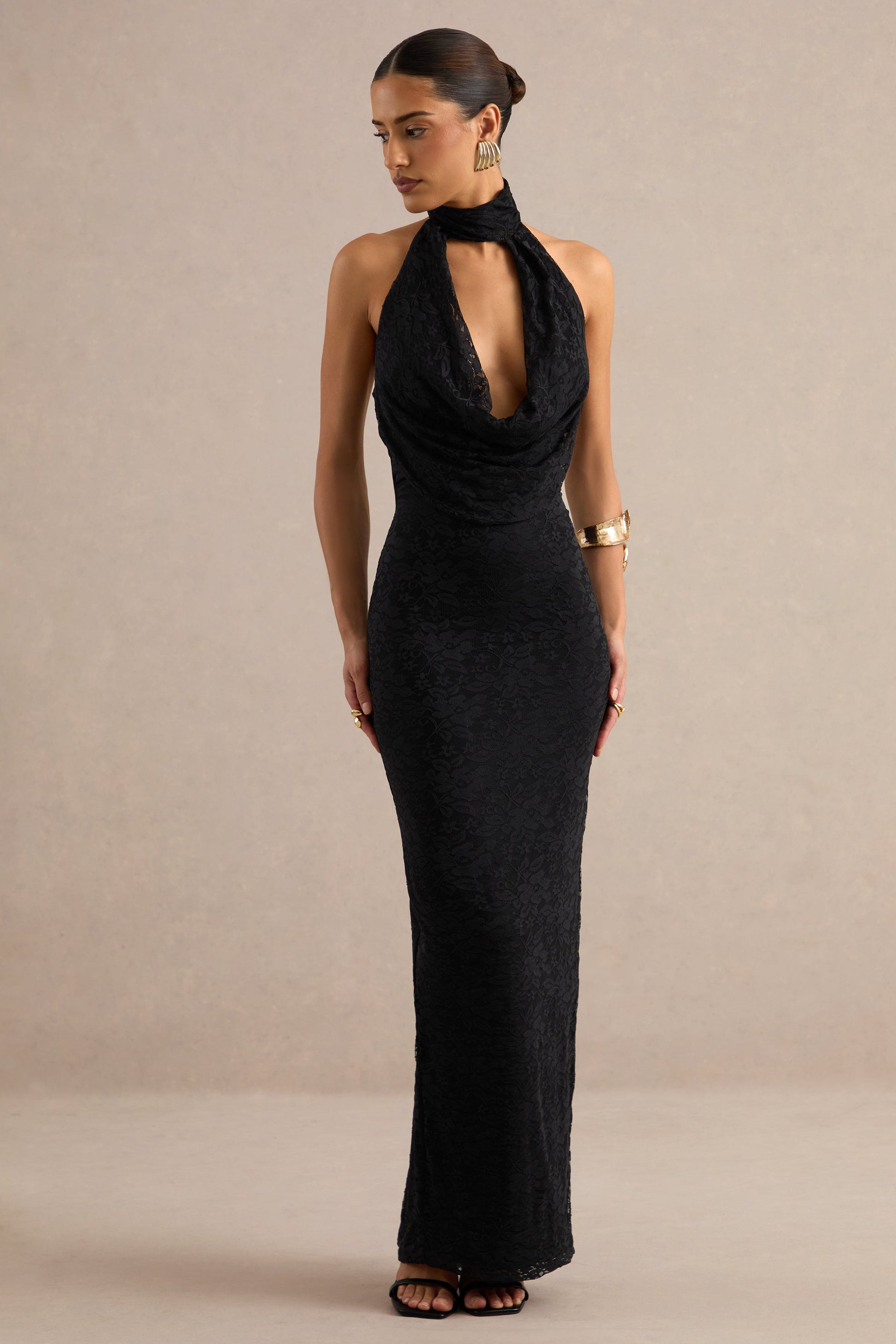Magda | Black Lace Cowl Plunge-Neck Maxi Dress With Collar