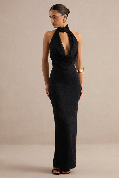 Magda | Black Lace Cowl Plunge-Neck Maxi Dress With Collar