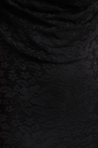 Magda | Black Lace Cowl Plunge-Neck Maxi Dress With Collar