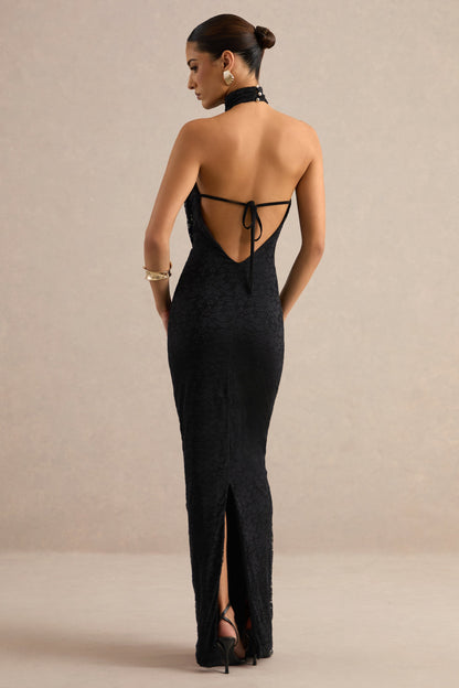 Magda | Black Lace Cowl Plunge-Neck Maxi Dress With Collar
