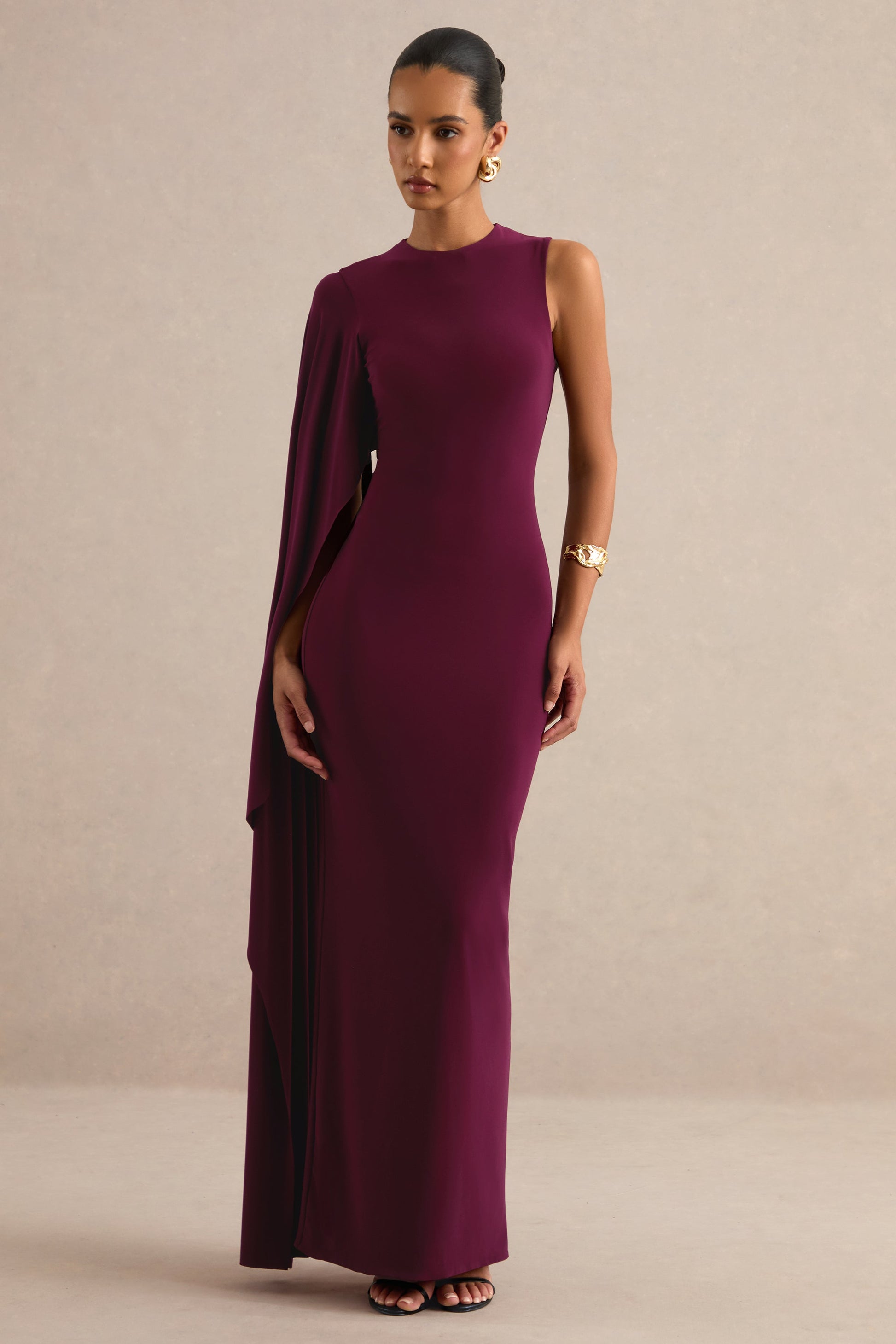 Maravelle | Burgundy Round-Neck Maxi Dress With Cape Sleeve
