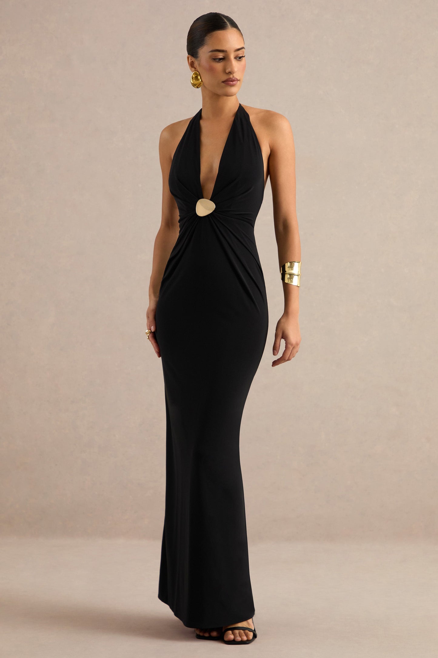 Maribelia | Black Extreme Plunge-Neck Maxi Dress With Gold Detail