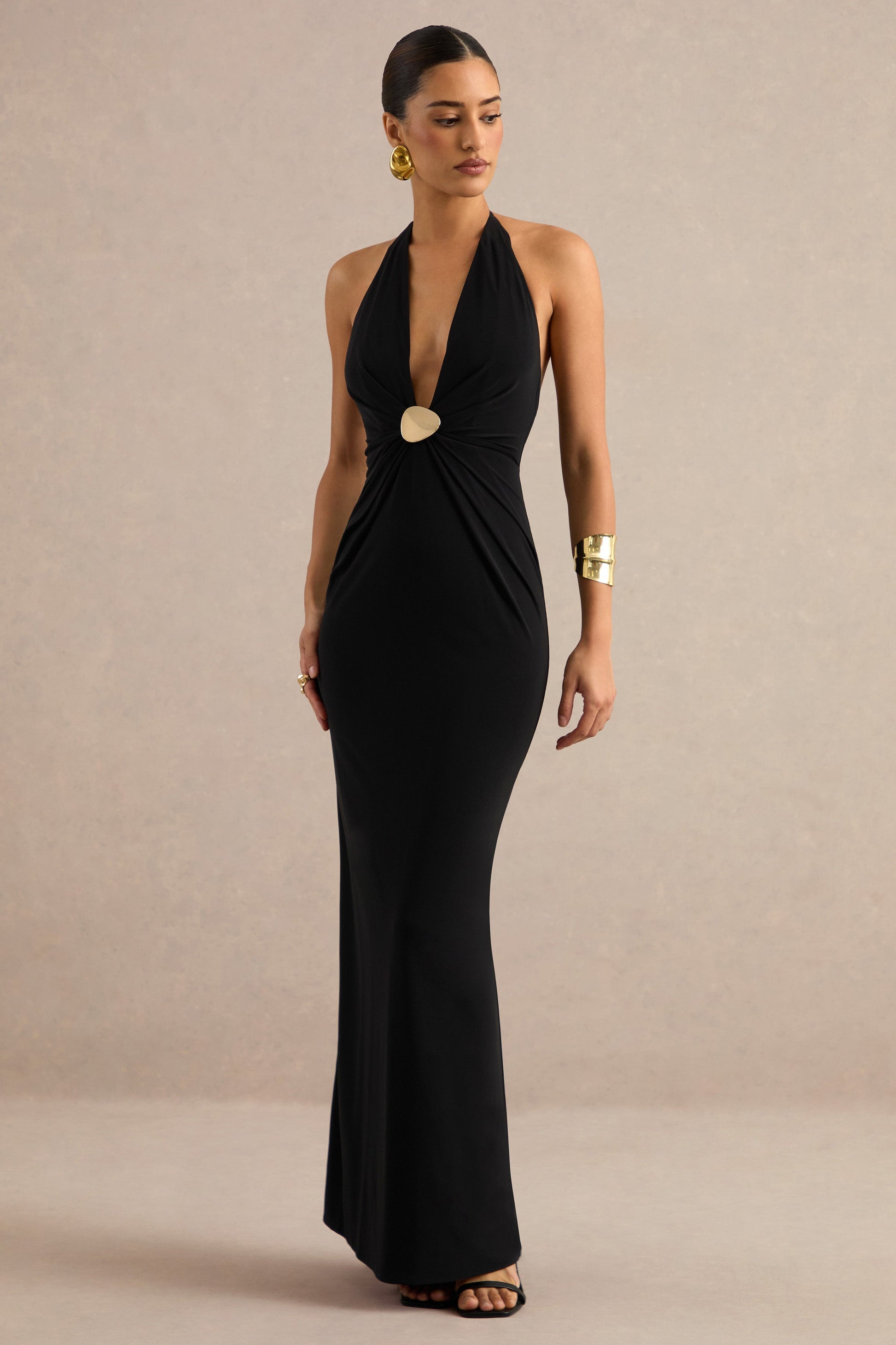 Maribelia | Black Extreme Plunge-Neck Maxi Dress With Gold Detail