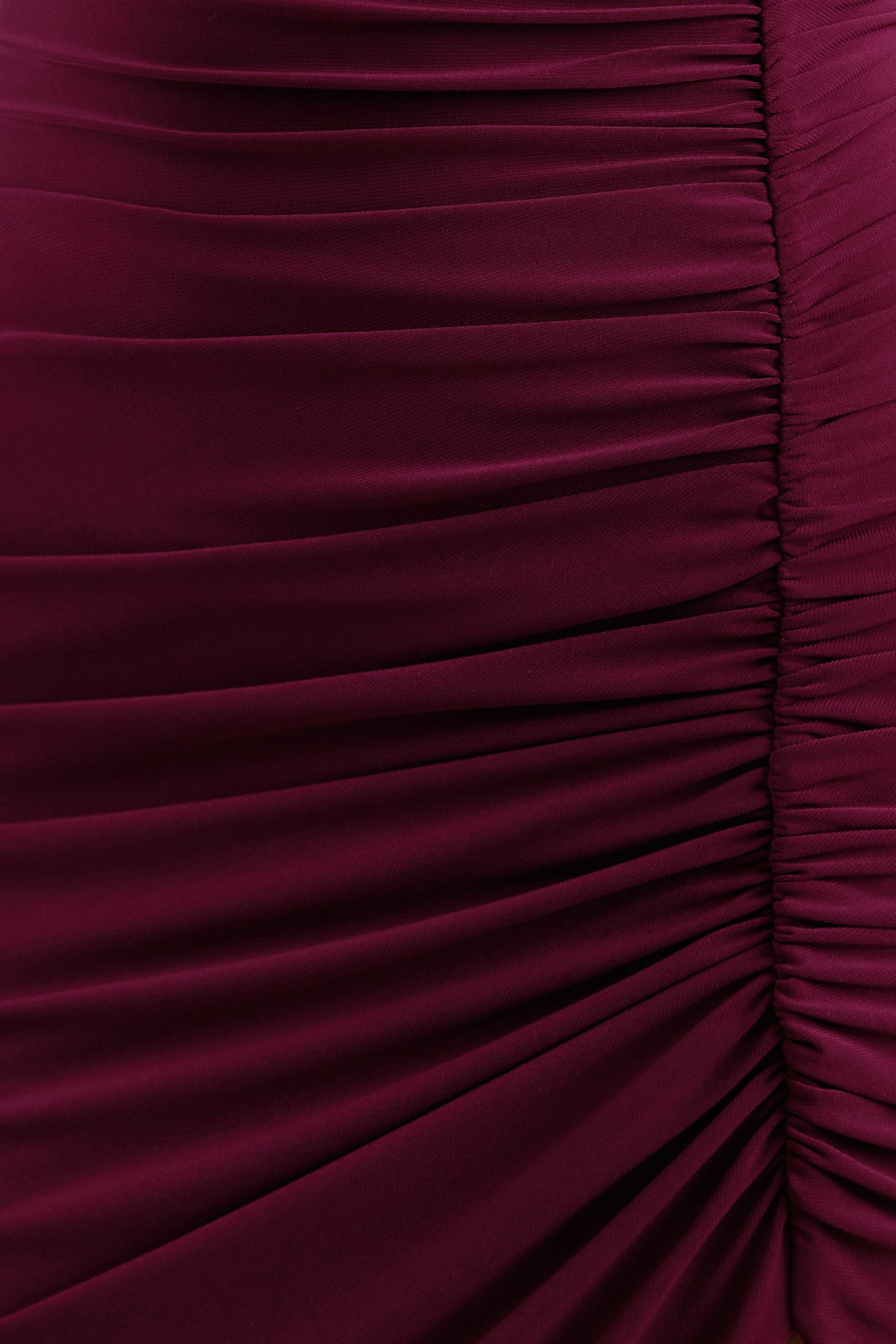Faylinn | Burgundy High-Neck Midi Dress With Draped Detailing And Front Split