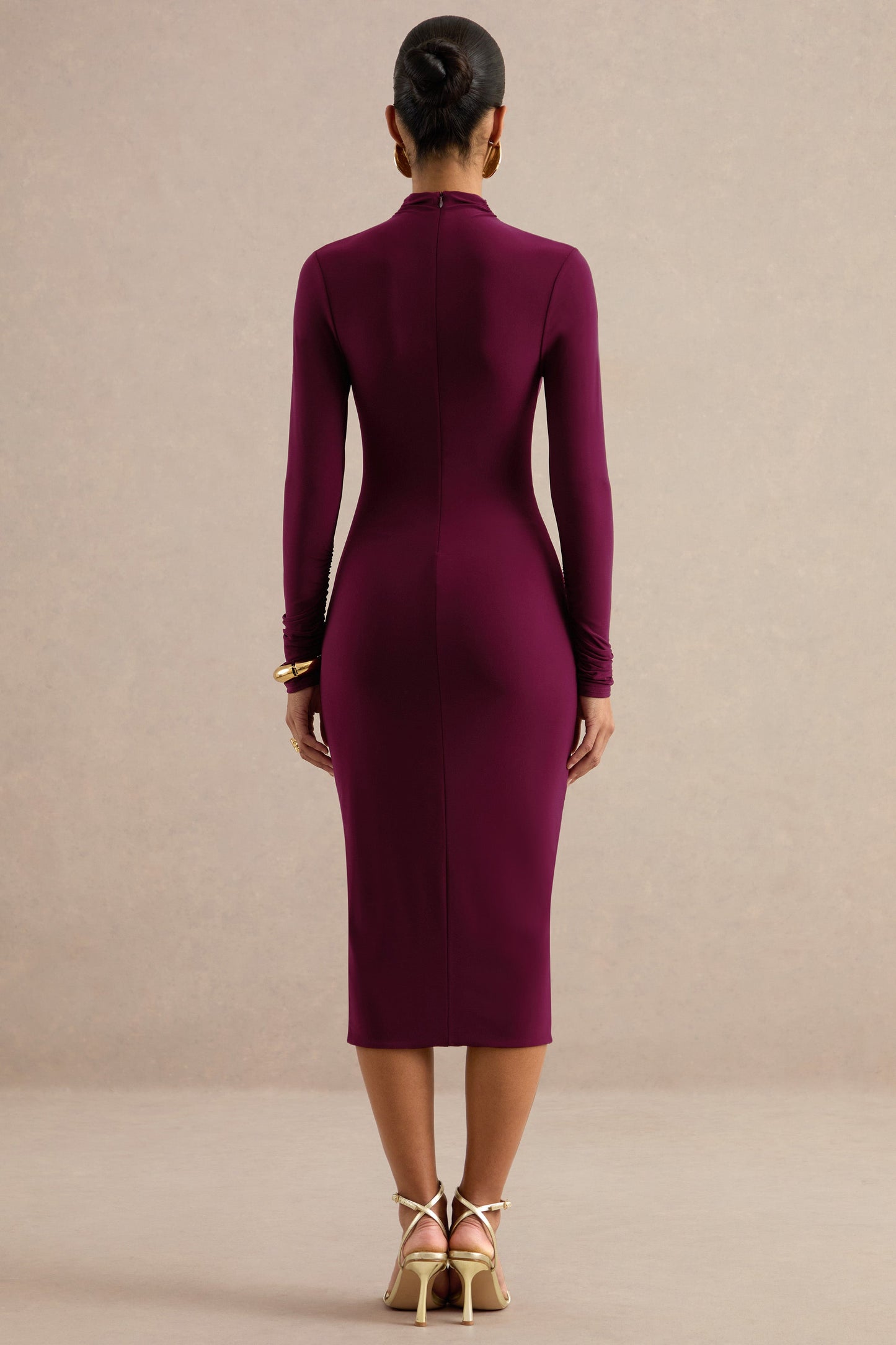 Faylinn | Burgundy High-Neck Midi Dress With Draped Detailing And Front Split