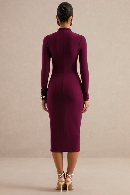 Faylinn | Burgundy High-Neck Midi Dress With Draped Detailing And Front Split