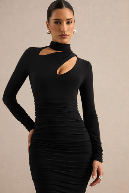 Fiorina | Black High-Neck Midi Dress With Chest Cut-Outs