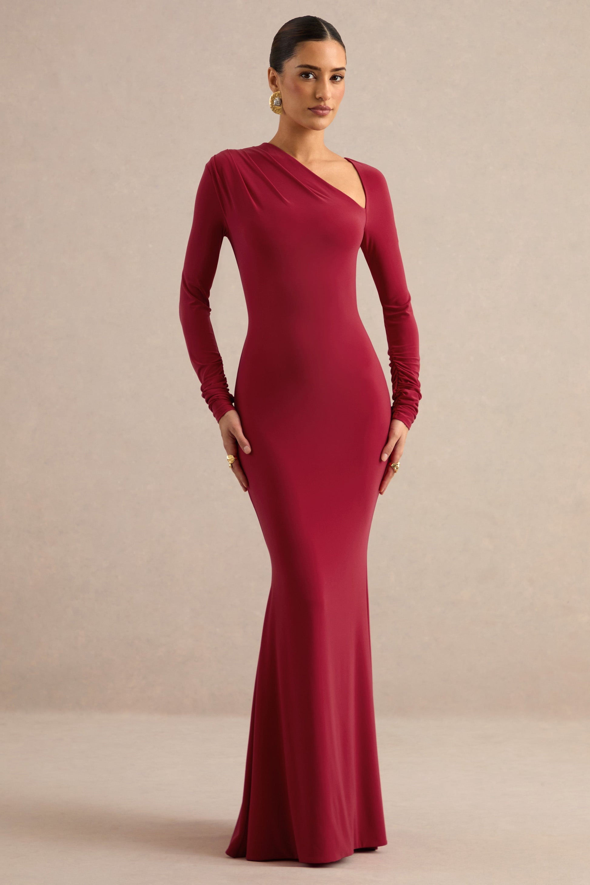 Florabella | Red Asymmetric-Neck Long Sleeve Maxi Dress