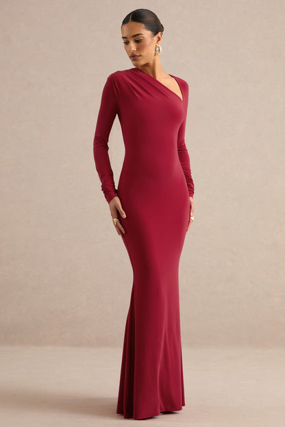 Florabella | Red Asymmetric-Neck Long Sleeve Maxi Dress