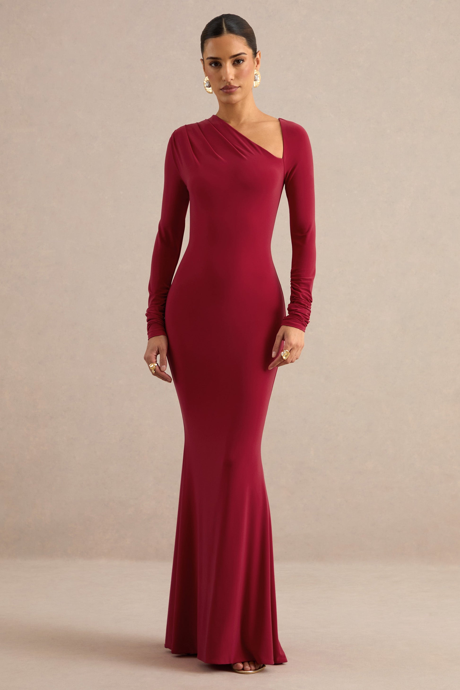 Florabella | Red Asymmetric-Neck Long Sleeve Maxi Dress