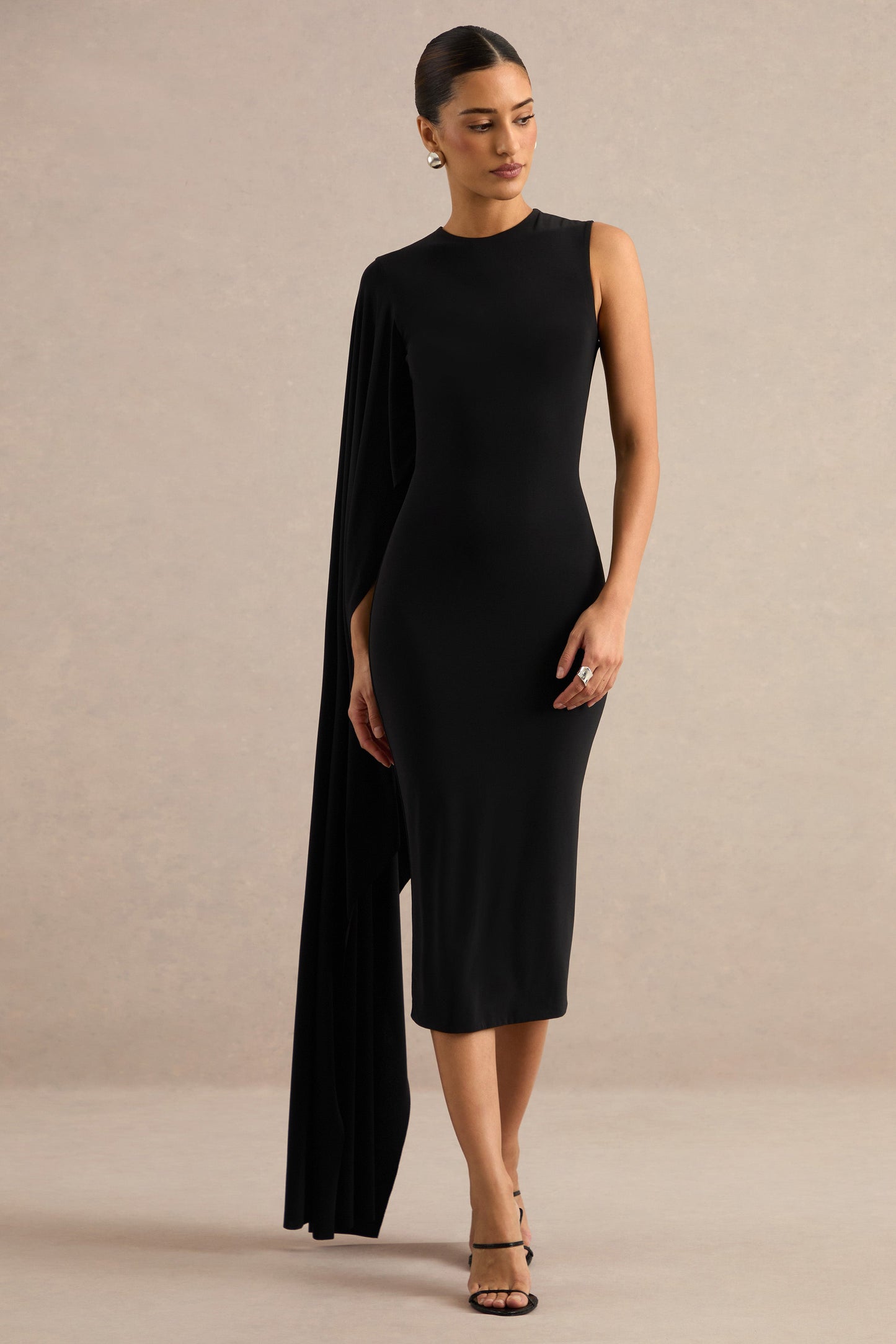 Ilarie | Black Round-Neck Midi Dress With Cape Sleeve