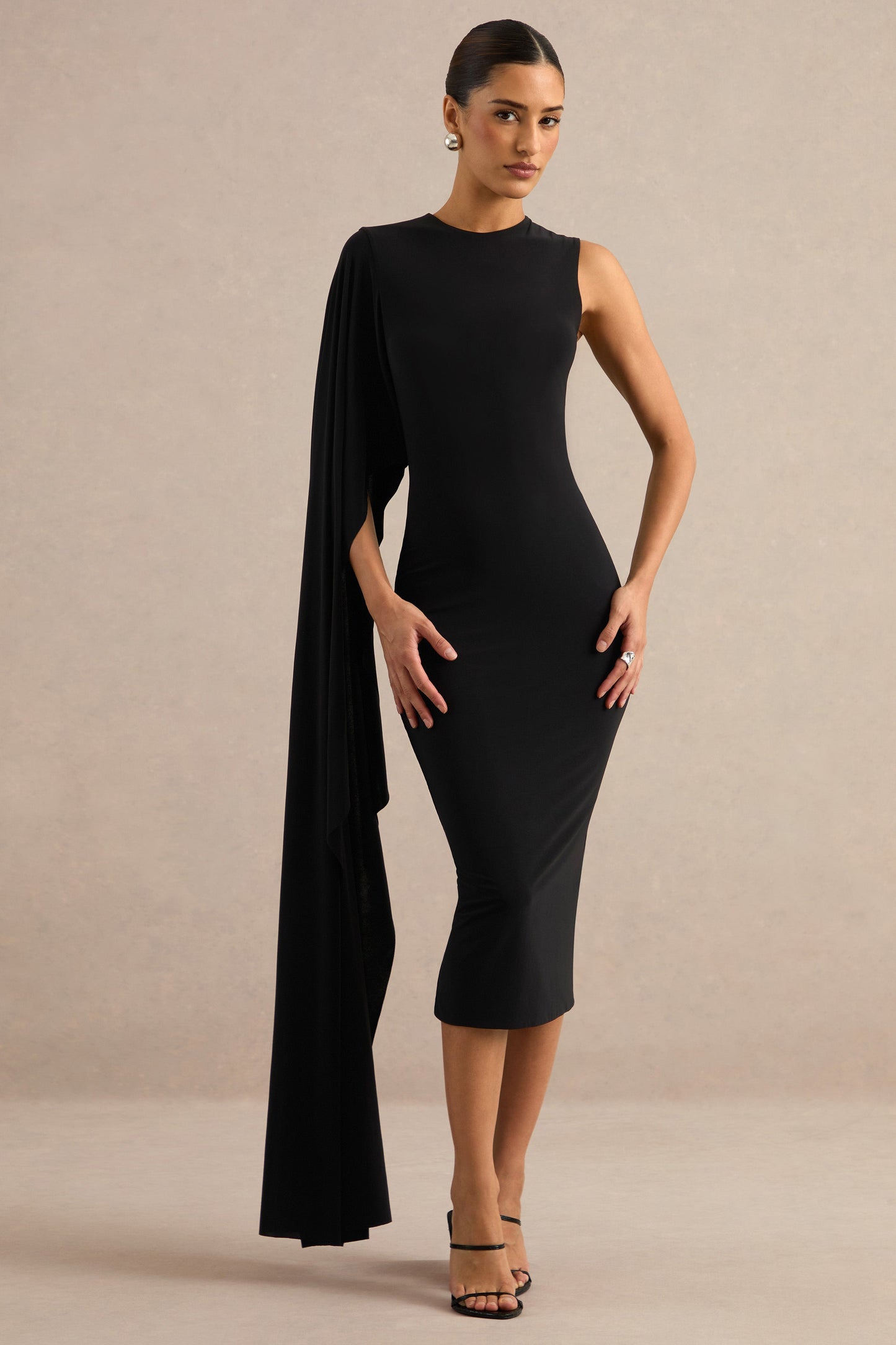 Ilarie | Black Round-Neck Midi Dress With Cape Sleeve