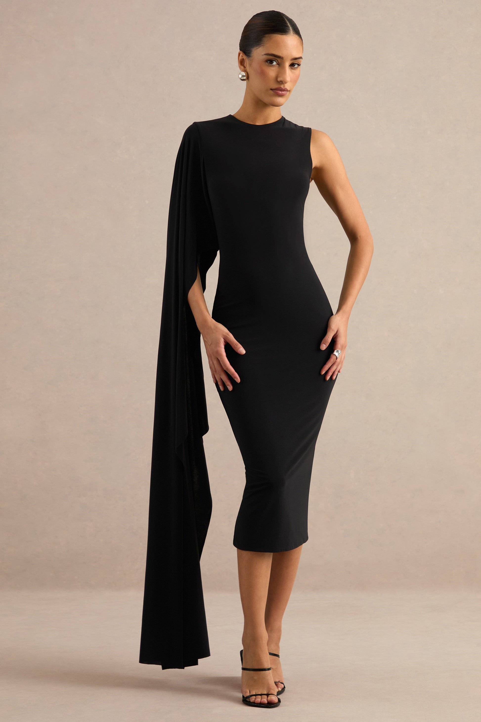 Ilarie | Black Round-Neck Midi Dress With Cape Sleeve