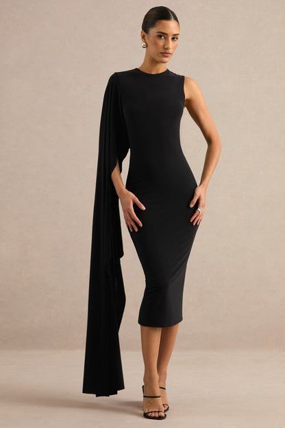 Ilarie | Black Round-Neck Midi Dress With Cape Sleeve