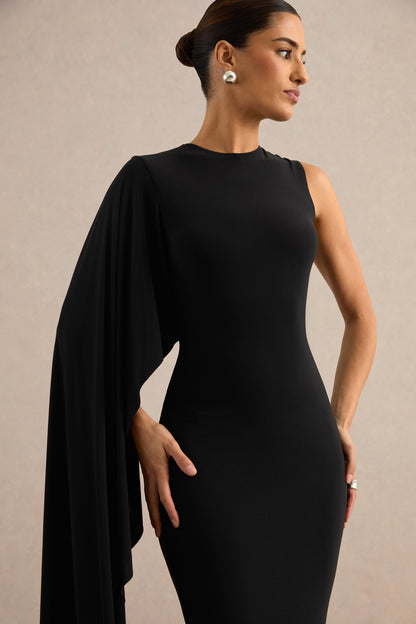 Ilarie | Black Round-Neck Midi Dress With Cape Sleeve