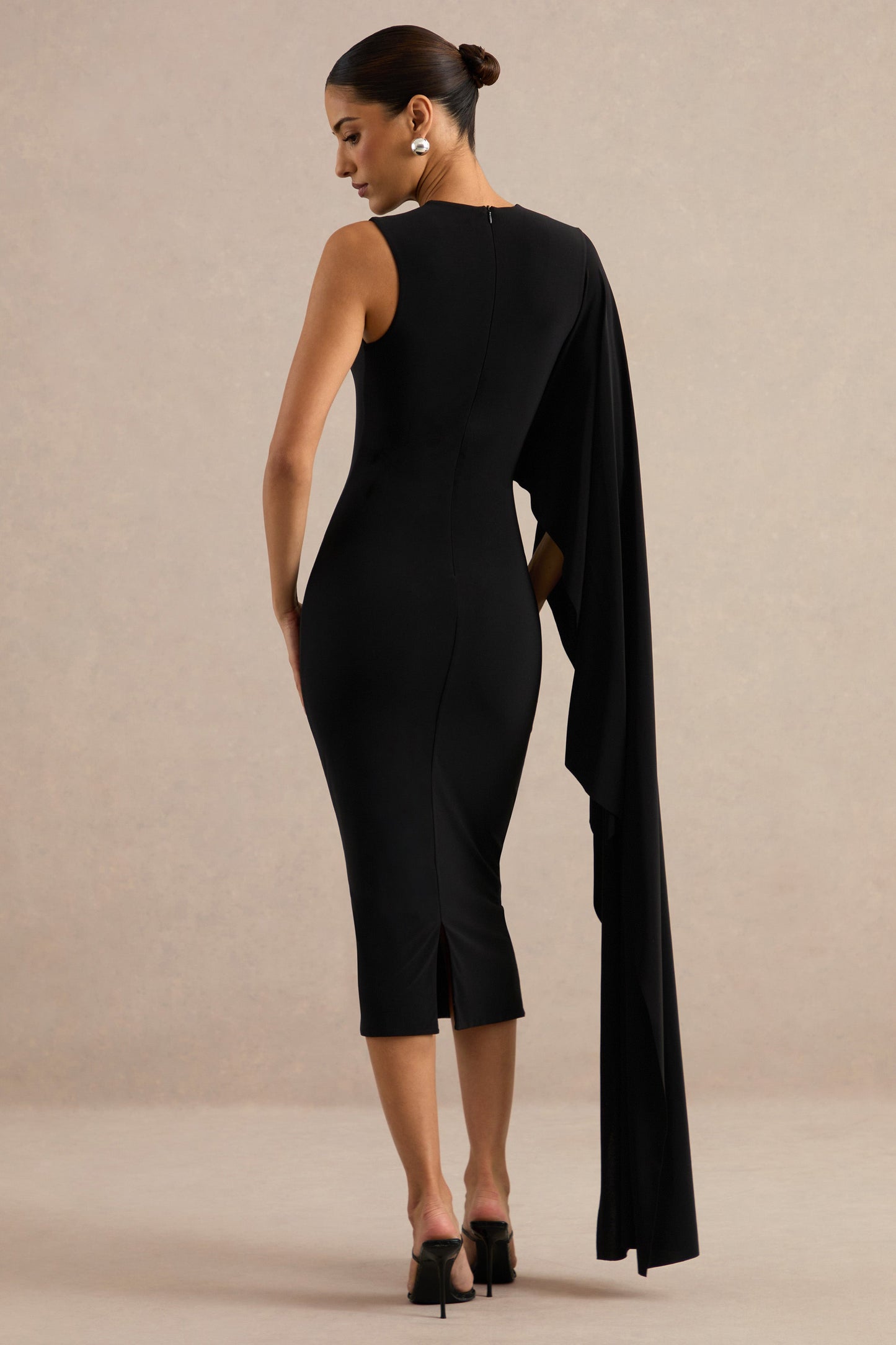 Ilarie | Black Round-Neck Midi Dress With Cape Sleeve