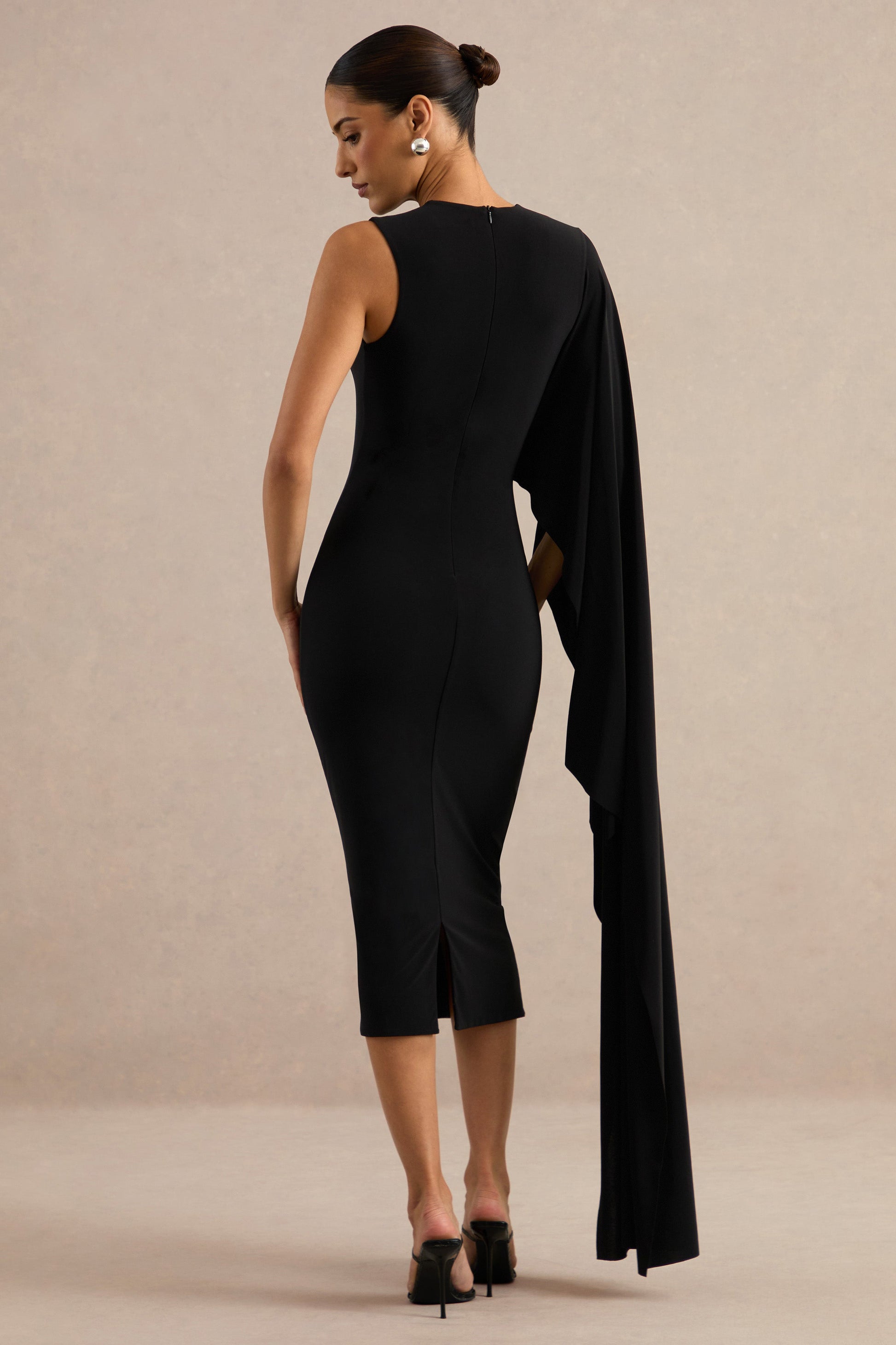 Ilarie | Black Round-Neck Midi Dress With Cape Sleeve